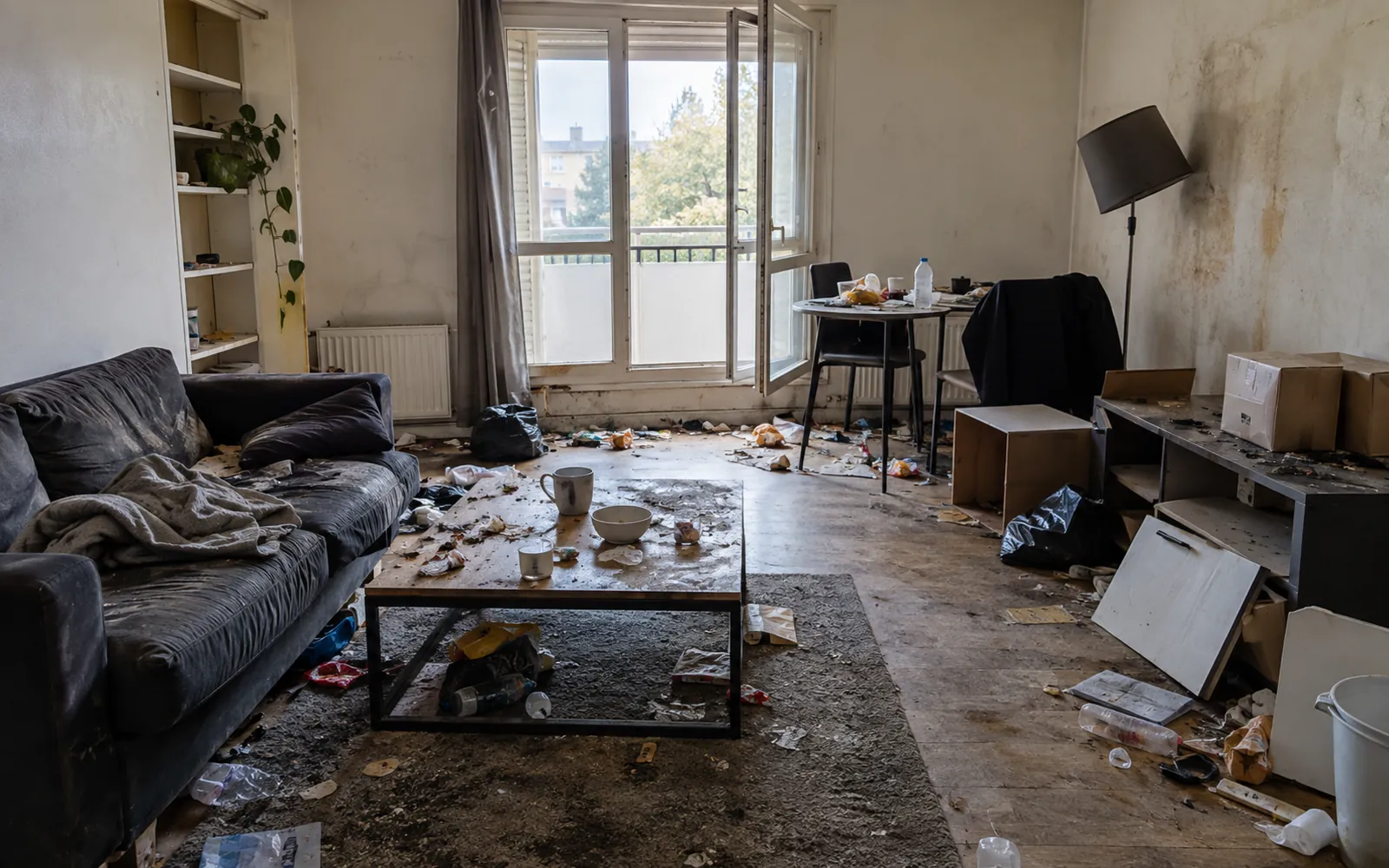 Logement dégradé après un squat, avant remise en état
